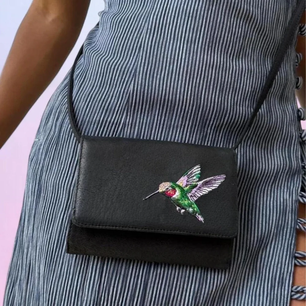 Hummingbird Crossbody Wallet Purse Black Embroidered Mini Bag